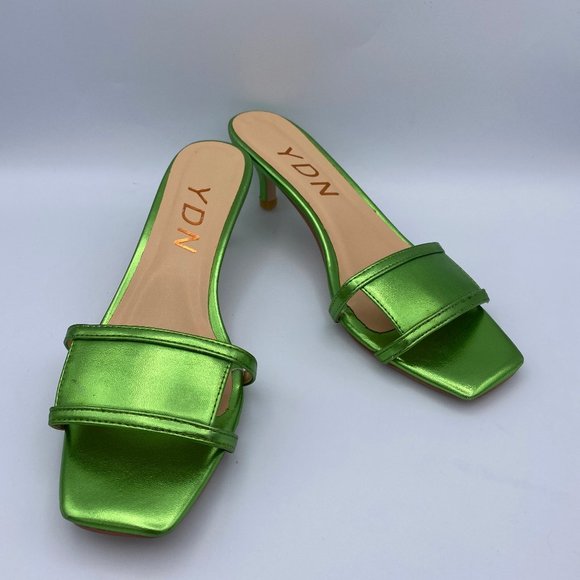 YDN Shoes - YDN Green Square Open Toe Low Kitten Heels Cutout